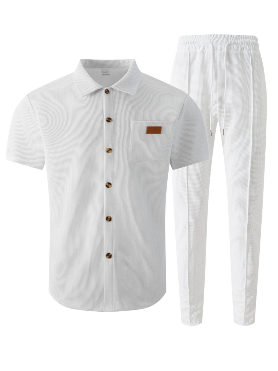 Herren Waffelstrick Set Hemd Mit Hose Zweiteiler Sommer Mode_voghion.com