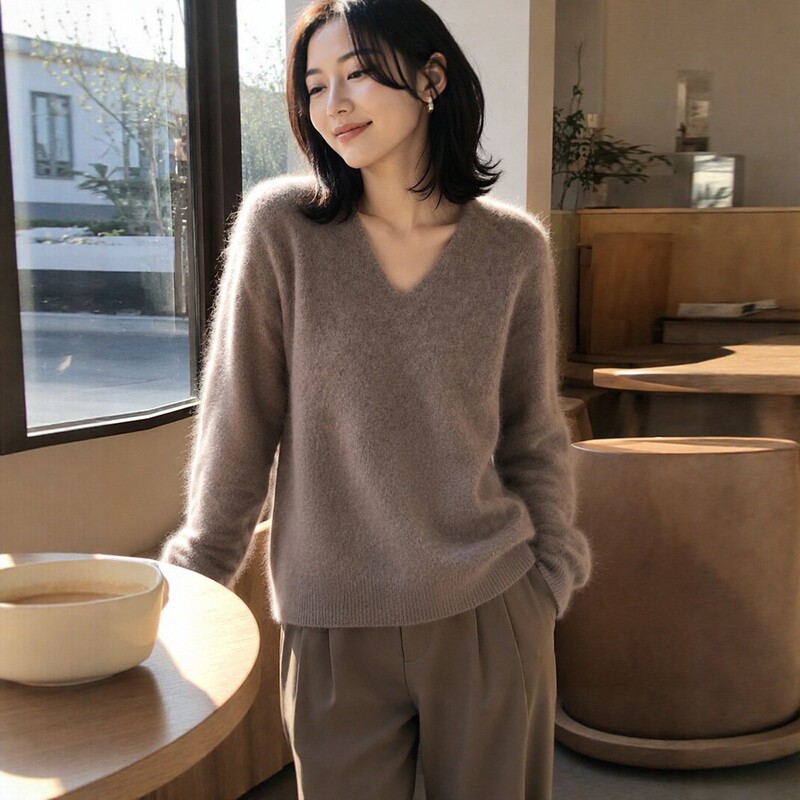 Lazy-style V-neck knitted sweater for women, new autumn/winter collection, soft and comfortable, loose fit, solid color, pullover style, perfect as a base layer Lazy-style V-neck knitted sweater for women, new autumn/winter collection, soft and comfortable, loose fit, solid color, pullover style, perfect as a base layer