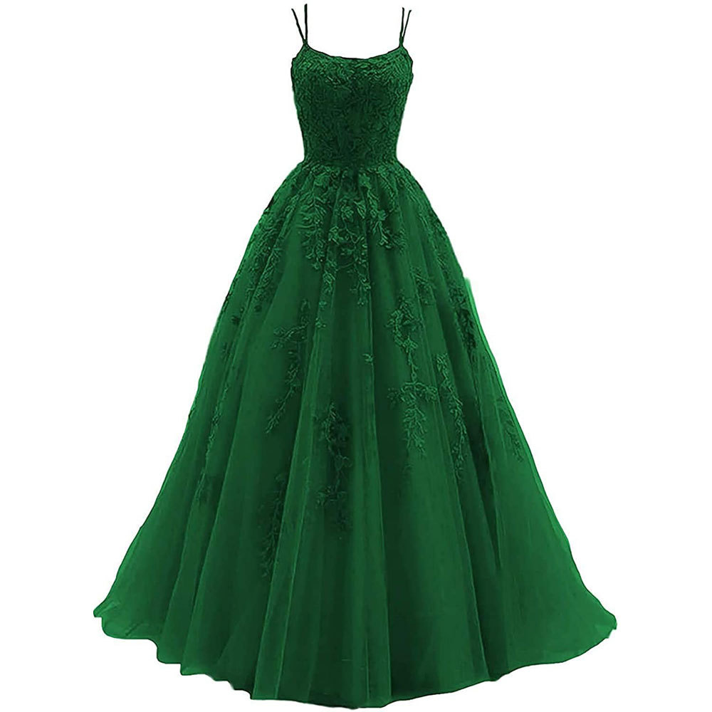 Amazon Comercio exterior espaguetis Correa baile vestido de noche largo tul encaje apliques vestido de fiesta de las mujeres image 8