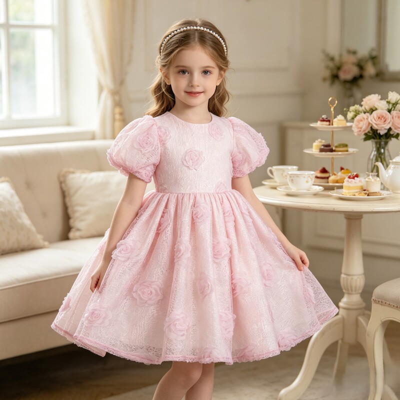 New style princess dress for girls with three-dimensional lace roses, suitable for first birthday celebrations and performances, available in stock New style princess dress for girls with three-dimensional lace roses, suitable for first birthday celebrations and performances, available in stock