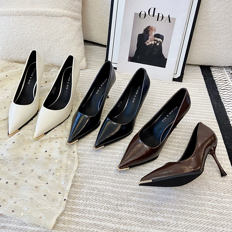 Остроконечная одиночная обувь женская обувь новый простой коммутирус дикие французские туфли на высоком каблуке
