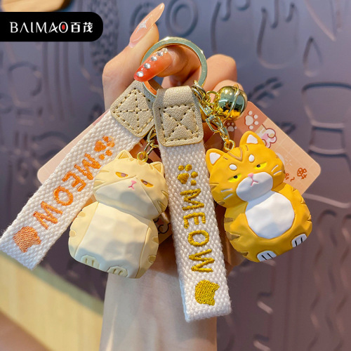 Baimao original resin wood carving cat keychain for women cute creative meow family doll key chain school bag pendant