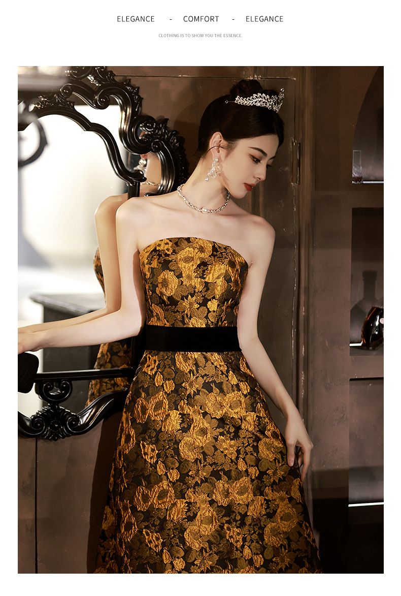 Đầm dạ hội nữ không dây phong cách Pháp, thiết kế ôm body đuôi cá, may đo cao cấp — Màu vàng chi tiết 9