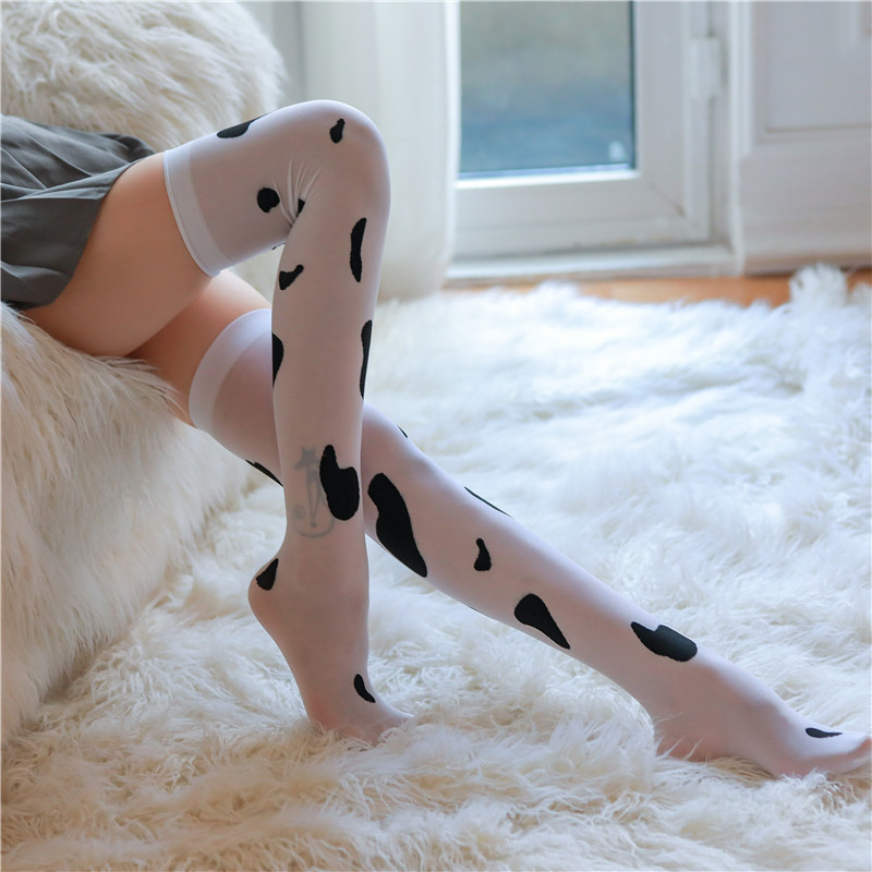 Cow-Spot Over-The-Knee High Socks, Milky White Polyester Stockings, One Size — detail image 7