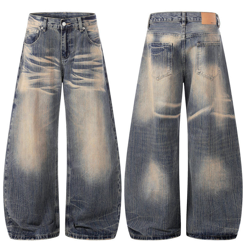 Men's Retro Blue Washed Whiskered Wide Leg Scimitar Jeans Casual Loose Fit American High Street Style Spring New Trousers For Women_mkmklike.com