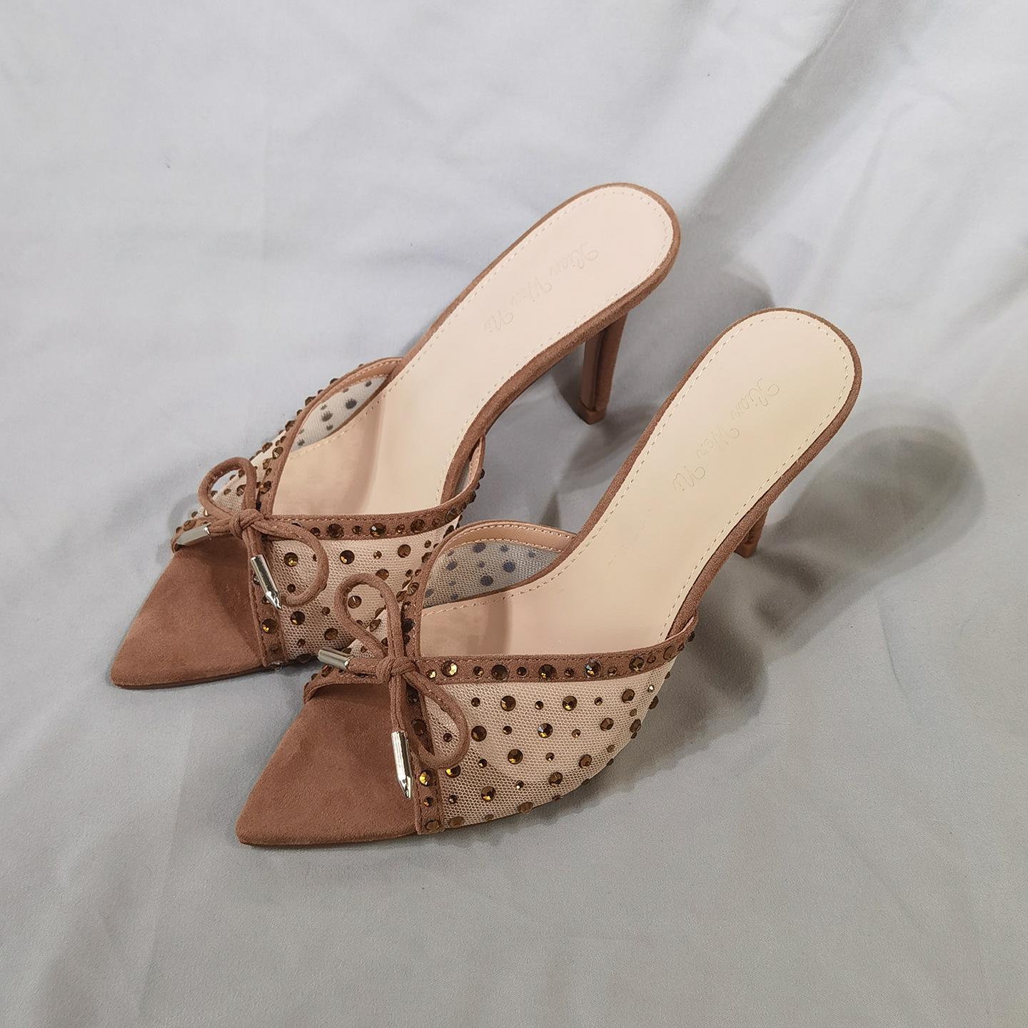 Sandali donna con tacco a spillo in rete e fiocco di strass_voghion.com