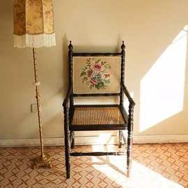 美式复古单人实木休闲椅 阳台客厅卧室家用法式藤编椅子餐椅