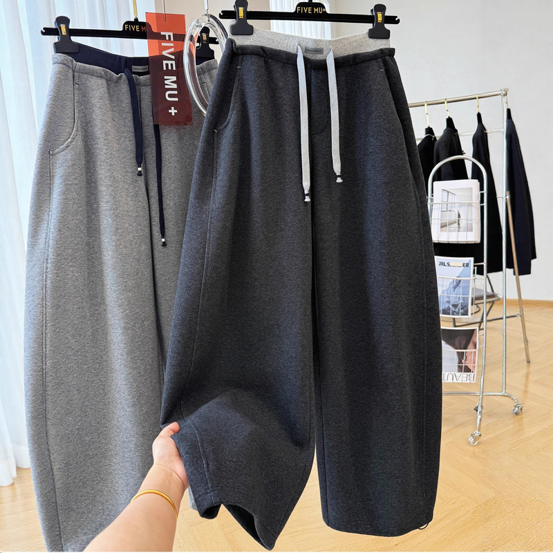 Plus-Size Black and Gray Casual Drawstring Jogger Pants for Women, Autumn and Winter Korean Style, Lazy Style Wide-Leg Sweatpants Plus-Size Black and Gray Casual Drawstring Jogger Pants for Women, Autumn and Winter Korean Style, Lazy Style Wide-Leg Sweatpants