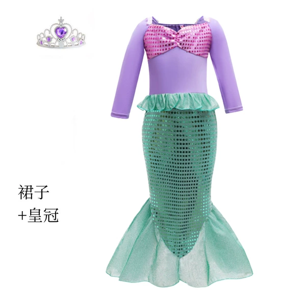 Mermaid Purple Green Long Sleeve Princess Dress + Free Crown