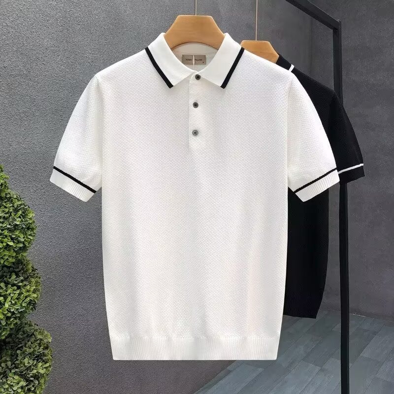 Men's Breathable Knit Polo Shirt With Contrast Collar, Casual Business Short Sleeve Top For Summer, Comfortable Loose Fit T-Shirt_viptrois.com