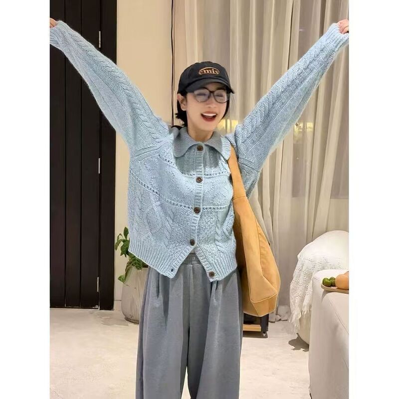 复古风毛衣女韩系百搭宽松2025早秋新款外套麻花翻领混纺针织开衫|undefined