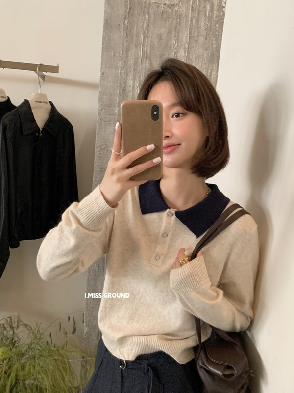 imiss 档口爆款！Polo领简约通勤百搭拼色慵懒风休闲女上衣针织衫|undefined