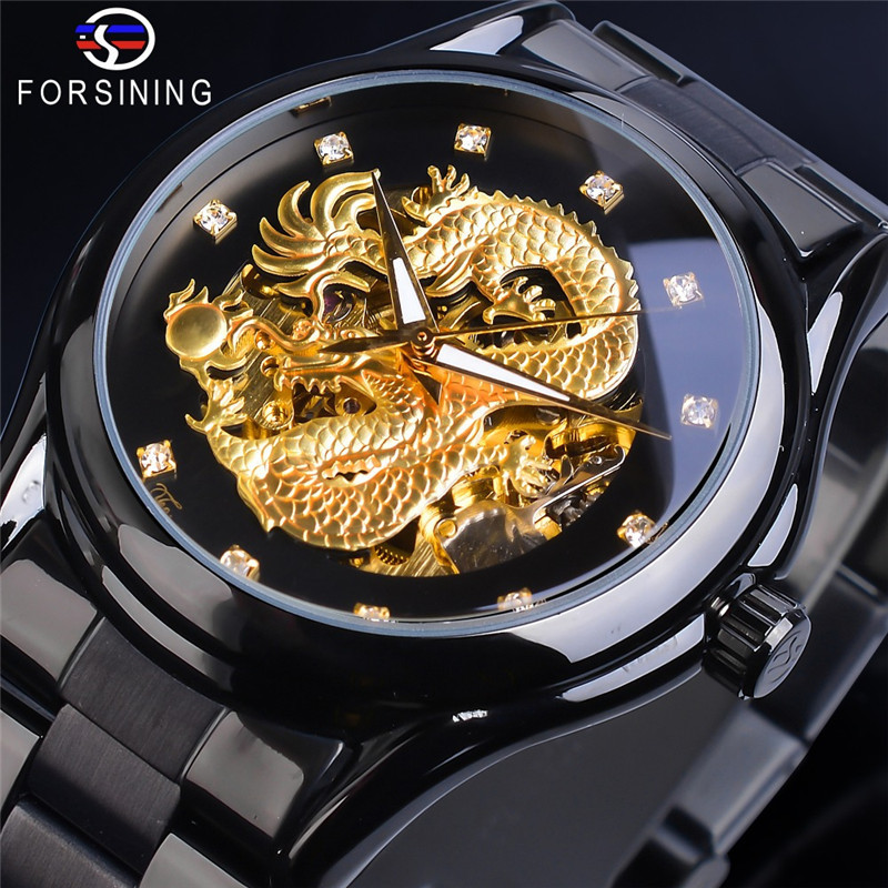 forsining European and American style men's fashion casual steel strap Dragon watch hollow waterproof automatic mechanical watch