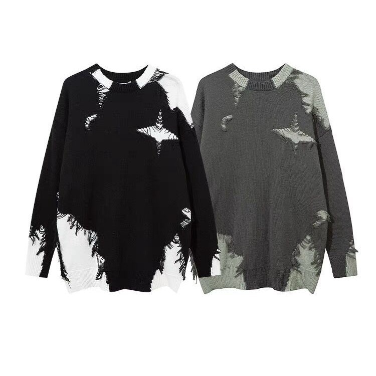 Men's Distressed Knit Sweater With Fringe & Patchwork Design - Oversized Unisex Pullover, Trendy High Street Style For Fall & Winter_voghion.com