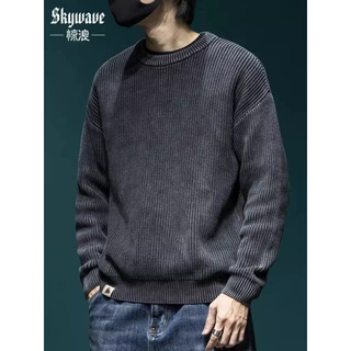 美式复古工装圆领加厚粗毛线毛衣男2025春秋阿美咔叽宽松针织衫潮