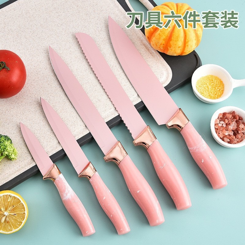 Venta caliente de comercio exterior Mango de patrón de nube de flujo Soporte de dibujos animados de acrílico creativo Juego de cuchillos de cocina de acero inoxidable de seis piezas