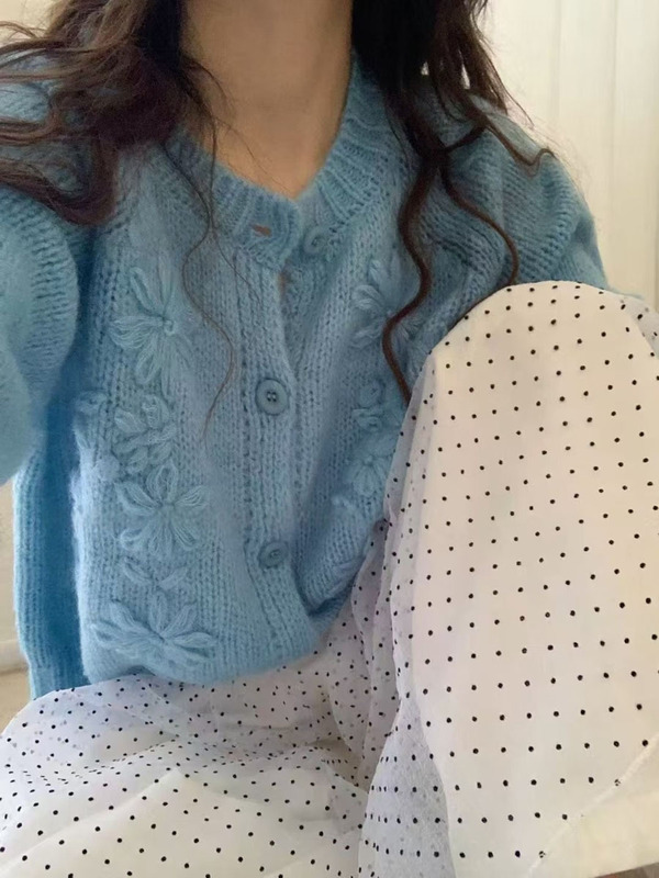 木四马海毛手工绣花针织衫女温柔风开衫秋冬女装韩系刺绣外套6536|undefined