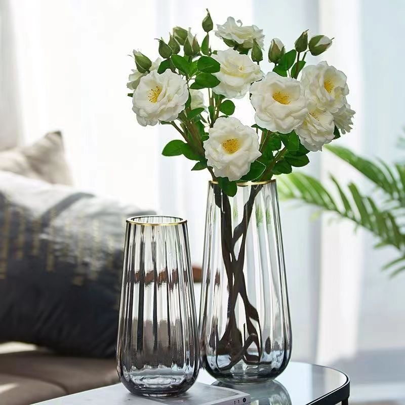 Nordicins minimalista creativo jarrón de vidrio a rayas verticales estampado de oro flor acuopónico flor ornamentos ornamentos