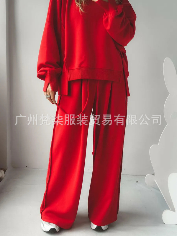 欧美跨境2025秋冬亚马逊新款圆领拼接卫衣抽绳运动长裤休闲套装女|undefined