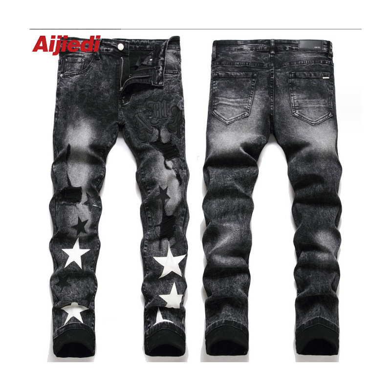 Ami Export Slim Fit Stretch Black Men's Cotton Embroidered Leather Label Ripped Star-Shaped Fashion Men's Jeans European and American Style