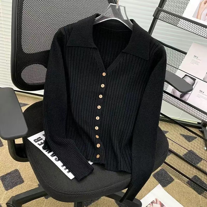 法式polo翻领坑条长袖针织开衫女秋冬季洋气修身显瘦毛衣外套上衣|undefined