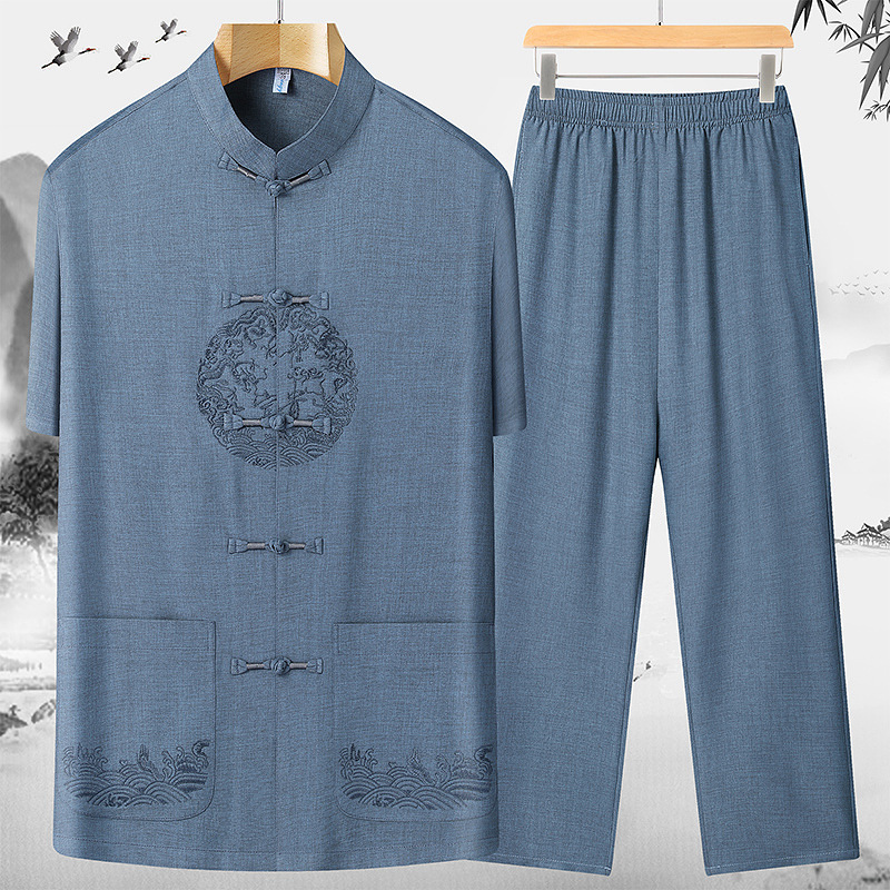 唐装男中老年夏季亚麻宽松中国风冰丝太极服爷爷短袖汉服复古套装