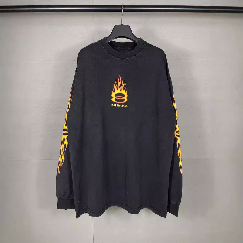 Correct Version of High Quality B Home 2025 New Double Ring Flame Direct Spray Printed Washed Distressed Long-Sleeved T-Shirt