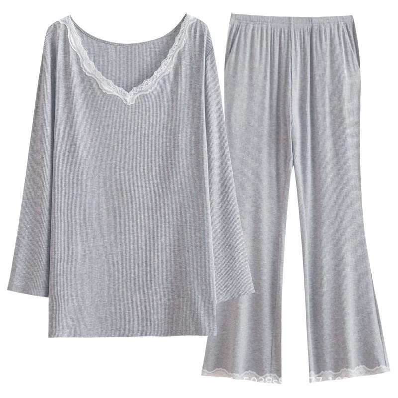 Women’s long‑sleeve pajama set, thin spring/autumn style, high‑quality, plus sizes M–2XL