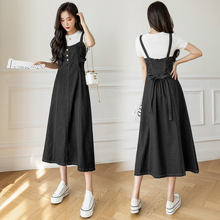 Real shot casual all-match Denim suspender skirt mid-length slimming dress women