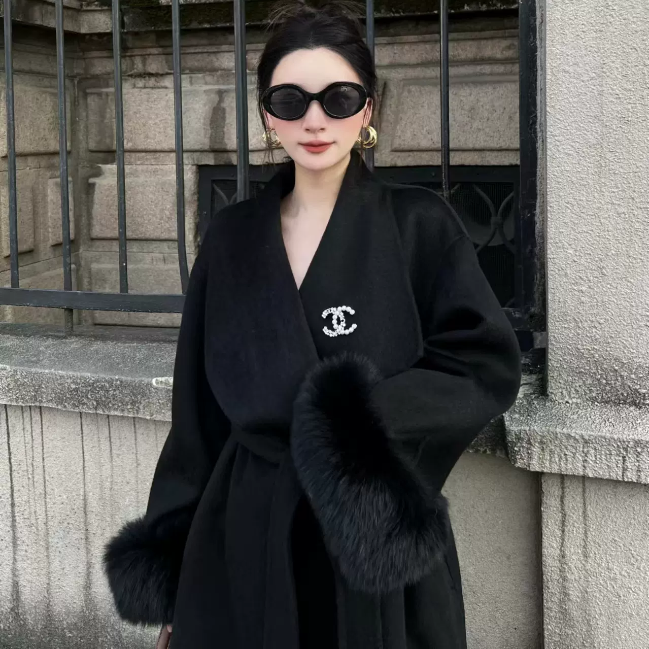 狐狸毛领大衣斗篷系带毛呢外套女2025新款双面羊绒100羊毛大衣
