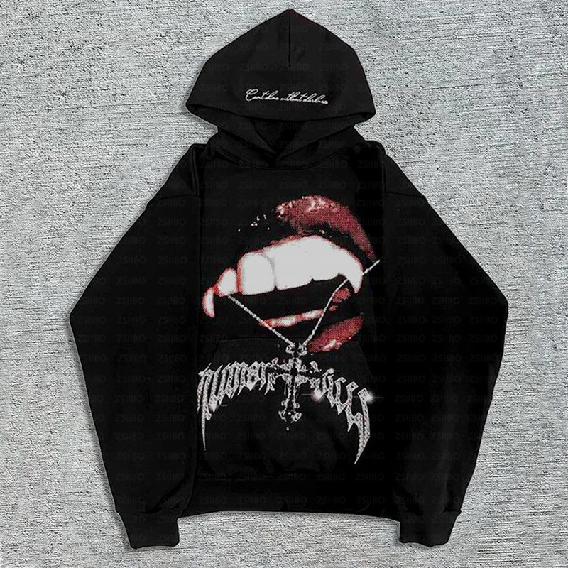 Street Trend Hip-Hop Punk Rock Lip Print Hooded Pullover Long Sleeve Sweatshirt For Men And Women_voghion.com
