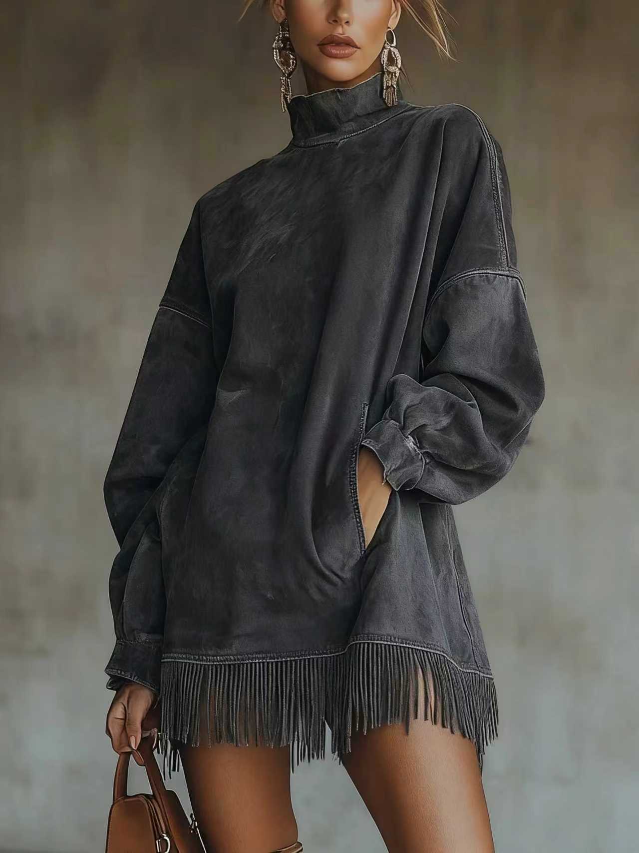 Women's Clothing High Neck Long Sleeve Tassel Detail Suede Dress Loose Fit With Pockets For Women For Formal & Casual For Women_ecoleips.com