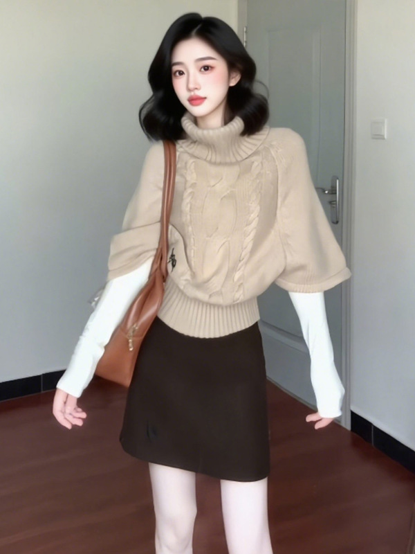 卡其色设计感高领绞花叠穿针织衫女2025新款早秋季千金风上衣|undefined