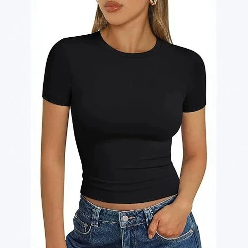 Cross-Border European and American Style Slim-Fit T-Shirt for Women, Summer Pullover Top, Thin Round-Neck Fashion Milk Silk Short-Sleeve