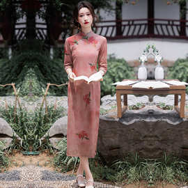 国风长款改良旗袍新款2026年轻款女复古修身中长袖气质走秀春秋装