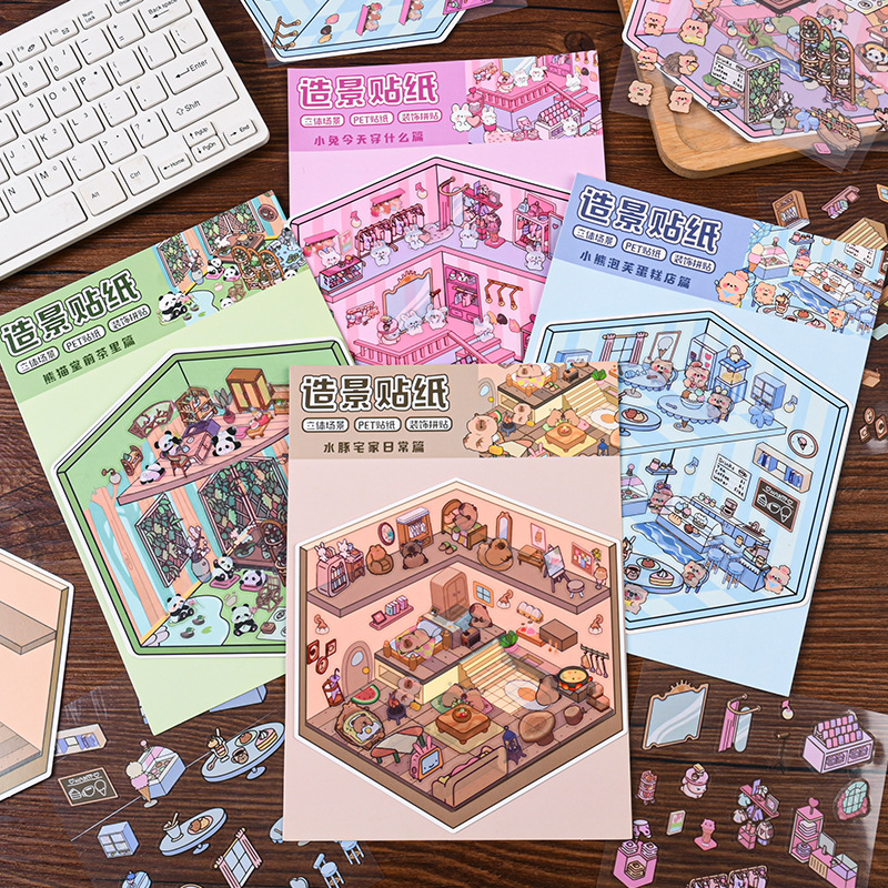 Pegatinas de paisajismo tridimensionales en 3D, sin cortar, niñas, niños, materiales de cuentas manuales, descompresión, pegatinas de escenas en miniatura, cabañas de bricolaje