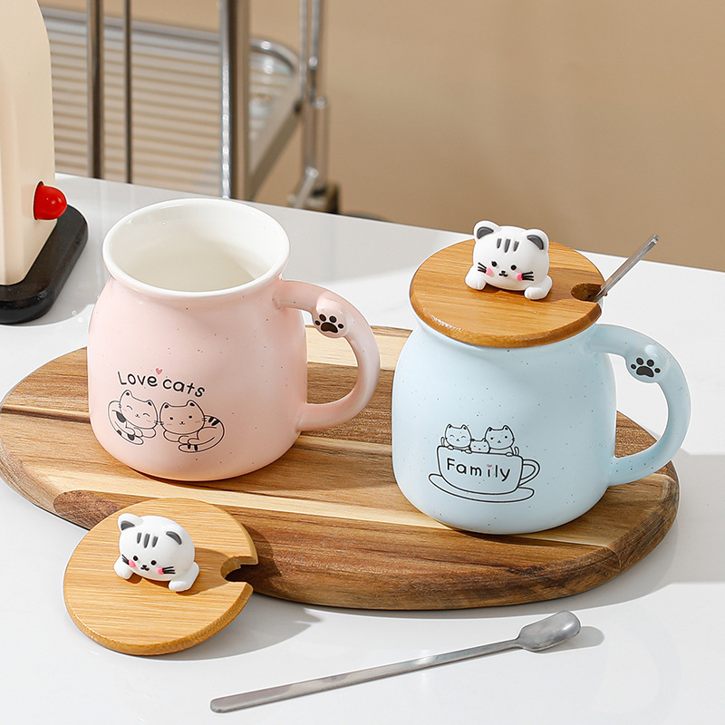 Taza de gato con tapa cuchara cerámica taza leche los niños lindos regalo cumpleaños