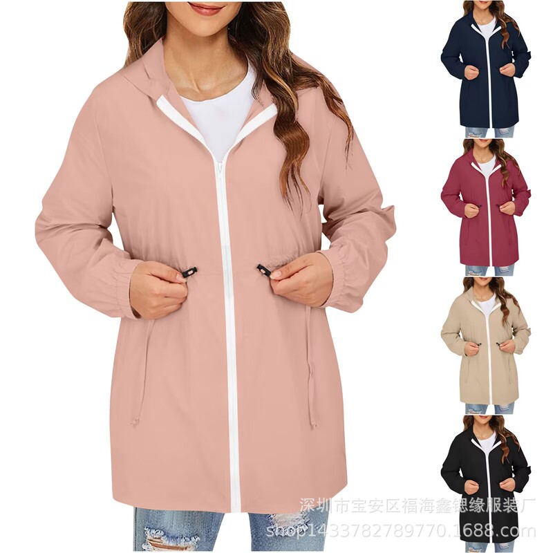 European and American 2026 Amazon Jacket Zip-Up Hoodie Solid Color Lightweight Outdoor Rainproof Jacket Women's Clothing