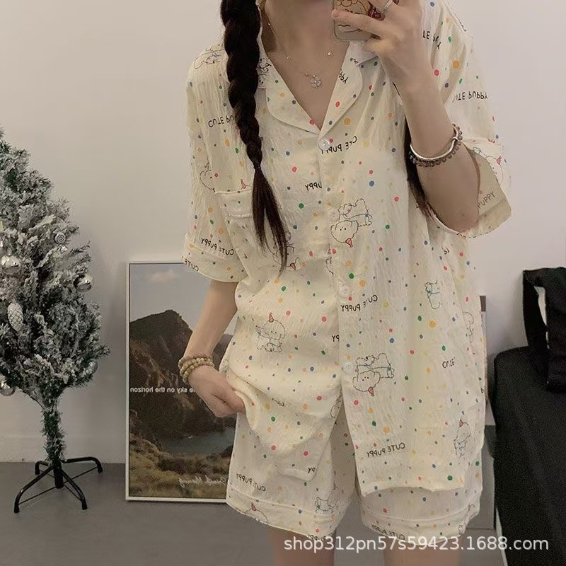 云朵棉短袖睡衣女夏季简约桃心印花夏天可外穿家居服套装跨境批发|undefined