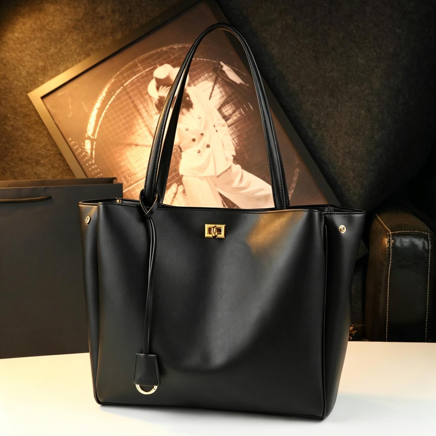 Túi tote nữ cỡ lớn dáng Kylie đơn giản, đeo vai và xách tay, khóa nách — Đen (khóa vàng), Màu đen (khóa bạc)