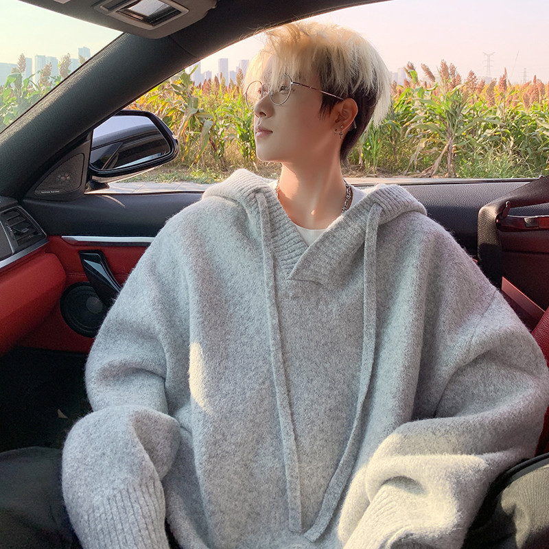 Pesado otoño y invierno gorra para hombres y mujeres retro americano jersey suave glutinoso relajado suéter con capuchina gruesa casual