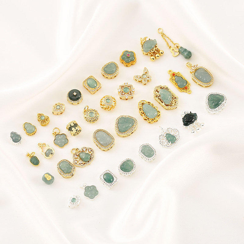 Inlaid with Natural Blue Water Jade, Gold-Plated Gourd Round Beads, Barrel Beads, Spacer Beads, Pendant DIY Bracelet Necklace Jewelry Accessories