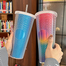 定制亚马逊爆款厂家直供网红创意渐变炫彩双层塑料吸管榴莲杯