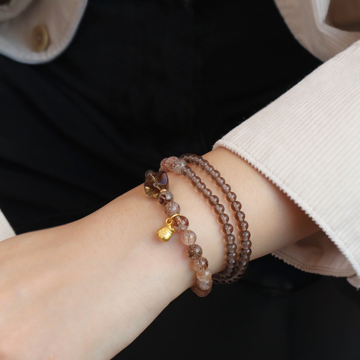 Natural Colored Hair Crystal Double Circle Bracelet for Women, Citrine Money Bag to Attract Wealth and Good Luck, High-End Bracelet for Men, Wholesale Beads