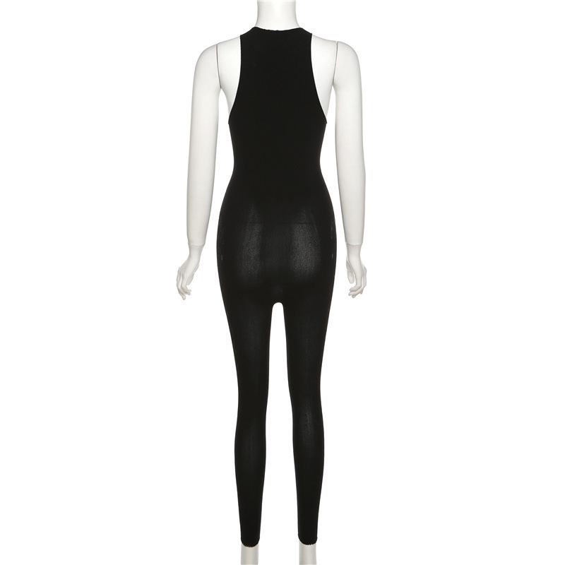 Spring Women Sexy Jacquard Fishnet Clothes Solid Color Hollow Out Cutout out High Elastic Tight Jumpsuit
