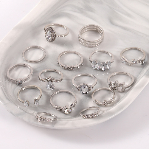 European and American cross-border foreign trade retro ring wholesale fashion leaf love diamond 15-piece set fashionable women's ring