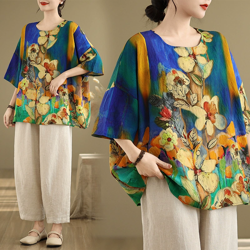 На самом деле стреляй в 2025 году, новый летний хлопок, национальный ветер, летучая мышь рукава, свободная футболка большого размера с круглым вырезом, женская 91877 #