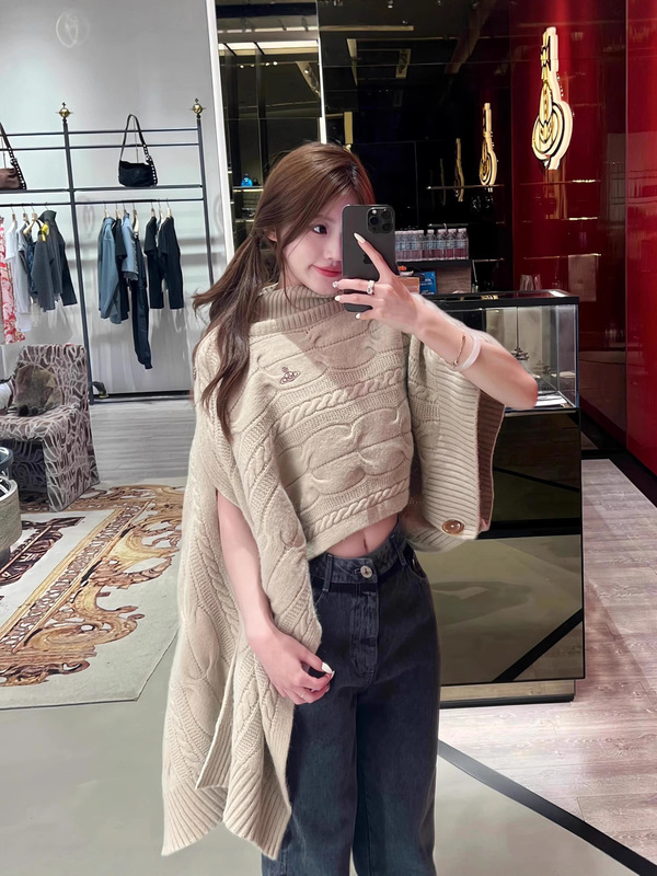 高品质~早秋氛围感斗篷披肩针织衫女新款慵懒风独特漂亮短款上衣|undefined