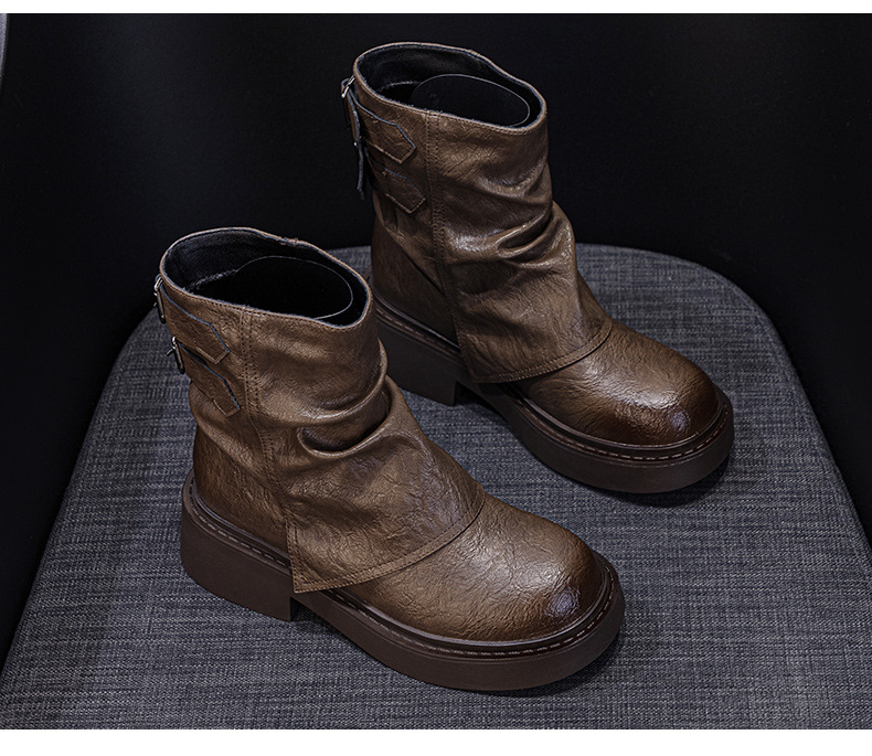 Giày bốt ngắn kiểu Anh nữ cổ thấp đế dày phong cách cưỡi ngựa xếp ly — M2656-1 kaki lót nhung, M2656 kaki một lớp bên trong, M2656 một lớp màu đen, M2656-1 màu đen lót nhung chi tiết 27