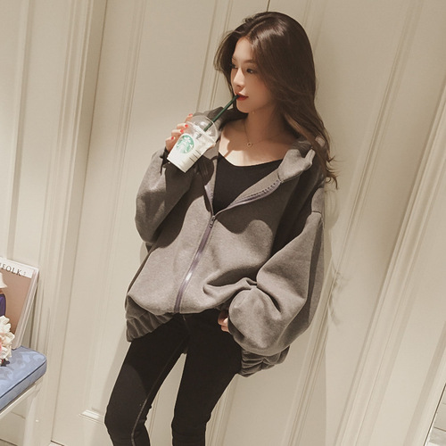 2025 Korean Loose Hooded Sweatshirt Women's Open Cardigan Ins Super Hot Plus Size Zipper Outerwear Trendy